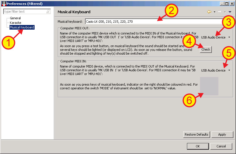Connection settings of a Musical Keyboard or a MIDI keyboard to the computer